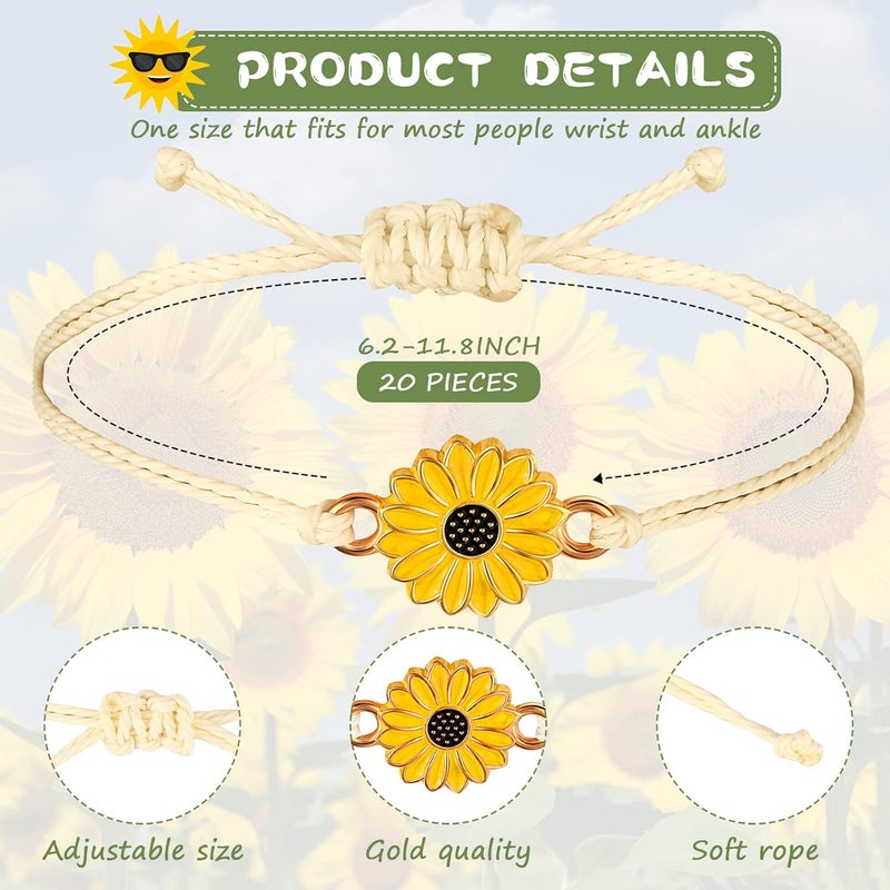 Sureio 20 Pcs Sunflower Bracelets Funny Gifts Adjustable Handmade Friendship Bracelet Bulk Boho Braided Rope String Bracelets for Women Couples Friend - Image 2